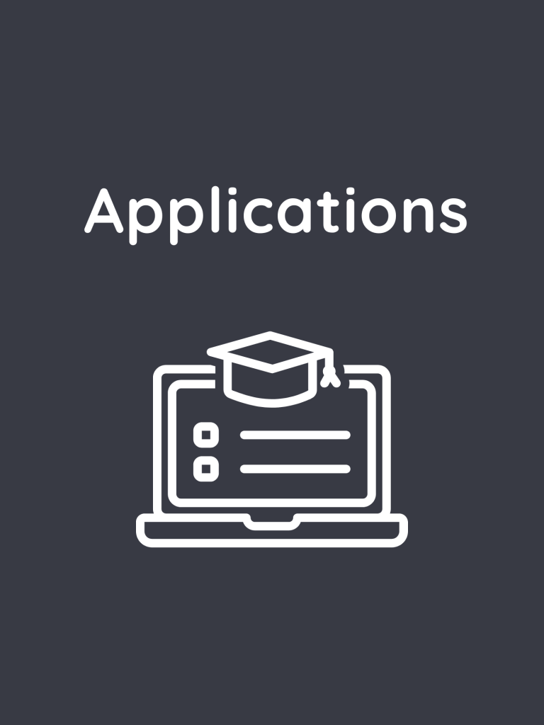 Computer and mortar board graphic with nearly black background and Applications title