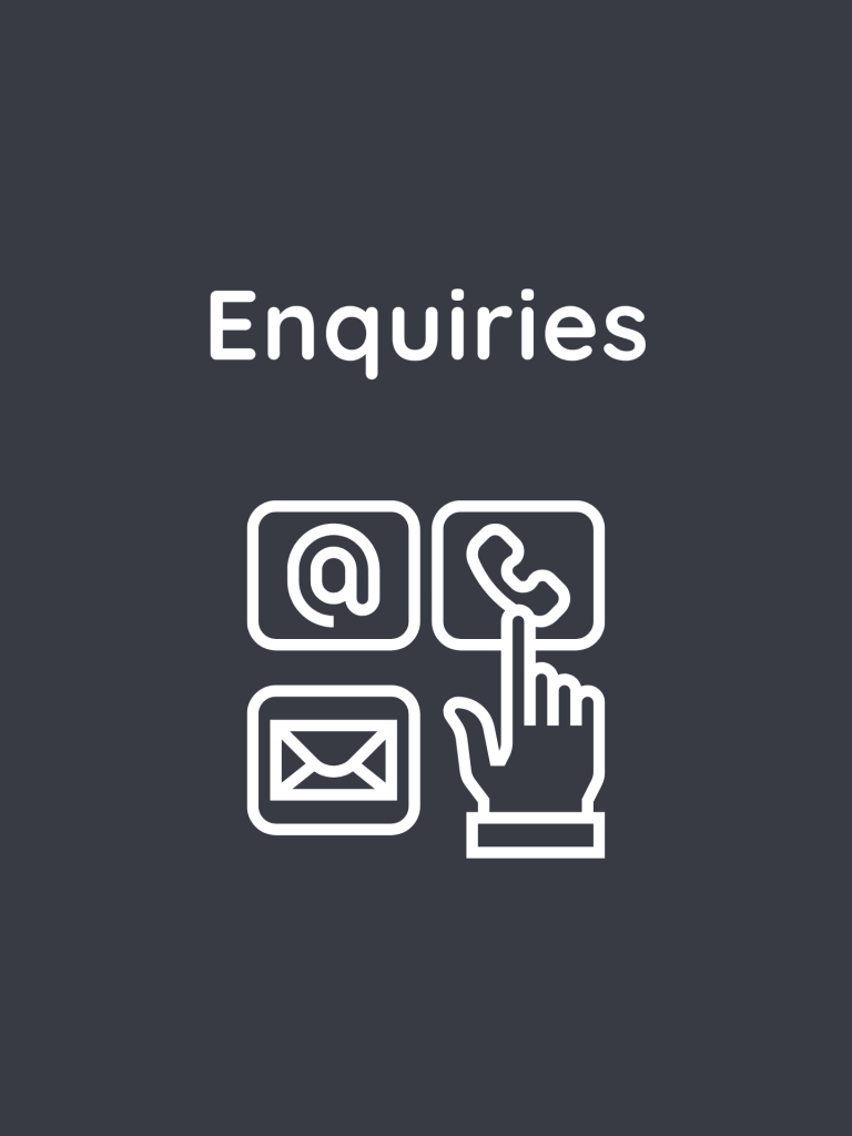 Black graphic for 'enquiries' depicting a finger pointing to a phone call symbol